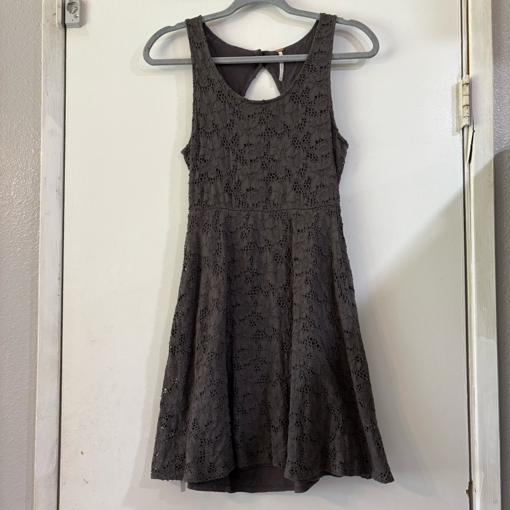 Free People Gray Lace Dress Full Skirt Y2K Open Back Key Hole Boho Whimsigoth